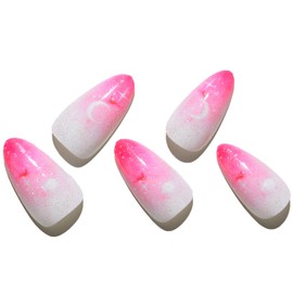 GLAMERMAID Hot Pink Ombre Press on Nails Short Almond, Gothic Pink Crush Nails Medium, Short White Glue on Nails Oval Stick on Fake Nails Gel Set, Glitter Acrylic Stiletto False Nail Kit for Women