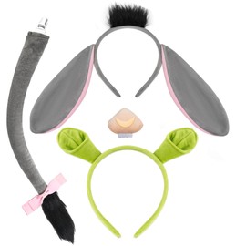 Green Ogre and Donkey Costume Set Include Ears Headband,Tai& Nose Party Cartoon Cosplay Costume Accessories (green&Grey)