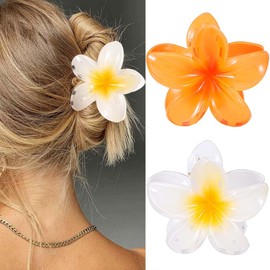 BARTOSI Flower Hair Claw Clips Hawaiian Plumeria Claw Clips Medium Floral Hair Clip Tropical Beach Hair Accessories for Women (Pack of 2) (C-Red & Orange)