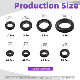 Swpeet 180Pcs 8 Common Sizes Black Rubber Grommet Assortment Kit, Rubber Wire Grommets for Holes, Firewall, Cable, Automotives and Wires Protection, Approx 1/4" 5/16" 3/8" 1/2" 9/16" 5/8" 7/8" 1"