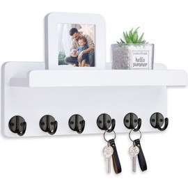 Nekon Key Holder Wall Mount, 12.9 Inch Home Decor Wooden Wall Organizer with 6 Hooks and Display Shelf, Wall Shelf for Living Room Entryway Kitchen (White)