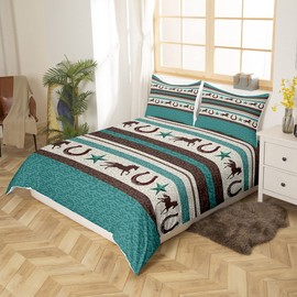 Western Horseshoe Bedding Set King Size Kids Retro Cowboy Style Comforter Cover Set for Women Men Farmhouse Wild West Duvet Cover Breathable Teal Beige Brown Bedspread Cover Room Decor Quilt Cover