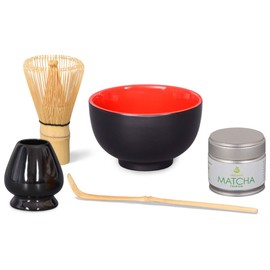 Bio Matcha Starter Set 5 Pieces Malika Black/Red Includes Matcha Bowl, Matcha Spoon and Bamboo Matcha Whisk (Set of Luxury Gift Box. Aricola®