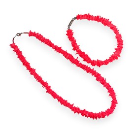 BlueRica Neon Red Puka Shell Chips Necklace & Anklet Set