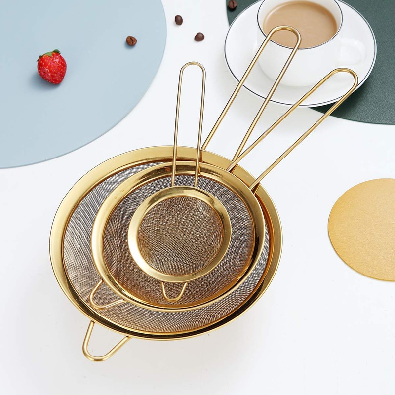 Kyraton Gold Fine Mesh Strainer 3 Pieces Set, Golden Flour
