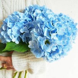 IPLNTS 4pcs Real Touch Hydrangea Artificial Flowers Faux Hydrangea Flowers Fake Hydrangeas Realistic with Stems for Vase Indoor Family Living Room Wedding Party Office Table Decoration (Light Blue)