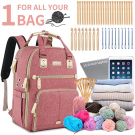 SINVICKO Crochet Bag, Knitting Bag Backpack and Totes Organizer with USB Charging Port, Large Yarn Storage Tote Bag, Pink, Modern