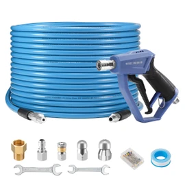 RIDGE WASHER Sewer Jetter Kit for Pressure Washer 100FT, 3600 PSI Drain Cleaning Hose with Short Pressure Washer Gun, 1/4 Inch NPT Corner, Rotating and Button Nose Sewer Jetting Nozzle