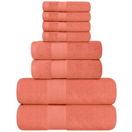 Oakias Premium Towel Set 600 GSM 8 Piece Coral - 100% Ring Spun Cotton Highly Absorbent Towels Set - Super Soft Bathroom Towel Set - Hotel Quality Double Stitched Hem - Ideal for Hotels, Spa, Gyms