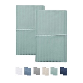 Feather & Stitch 100% Cotton King Pillow Covers Set of 2, 500TC Envelope Closure Pillowcases, Soft Luxury Damask Stripe Sateen Weave Pillow Case for Sleeping, 20x40 Inches - Granite Green