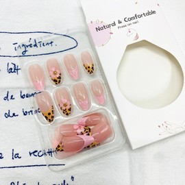 LWTZLW Leopard French Tip Press on Nails Medium Almond False Nails with Flowers Design Full Cover Glue on Nail Reusable Acrylic Fake Nails Glossy Artificial Stick on Nail for Women