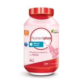 Nutra-Celtics Nutravitplus Reducido en Azúcar Suplemento Alimenticio edulzado con Stevia - Sabor Fresa 425g - Fórmula Con 27 Vitaminas Y Minerales - Complemento Nutricional Con Fibra - IFA Celtics