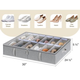 StorageWorks Under Bed Shoe Storage Organizer, Underbed Shoes Container with Adjustable Dividers, Shoe Storage Basket with Cover, Grey, 2-Pack, Space-Saving Shoe Box Fits up to 24 Pairs