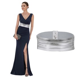 SUOSDEY Wide Leather Belt for Women, Elastic Braided Belt for Dresses, Fashionable Stretch Waist Belt, D-silver