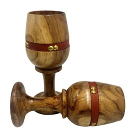 collectiblesBuy Vintage Wooden Wine Goblet Set of 2 Leather Strap Drinking Goblet Water Glass Chalice Kitchen Accessories Drinkware Teak Wood For Wine Beverages