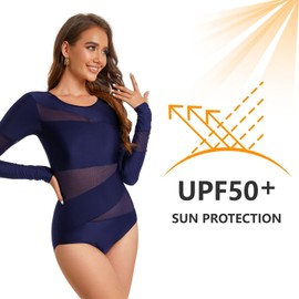 NESY Women Long Sleeve Swimsuits Tummy Control One Piece Swimwear V Neck Zipper Bathing Suit UV Protection, Sy567013-019, Small