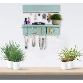Spiretro Wall Mount Set of 2 Jewelry Organizer Holder Rack, Removable Sliver Metal Bar Display Earrings Bracelets, Hooks Hang Necklaces Ring, Shelf Storage Accessories Ornament, Solid Wood- Turquoise