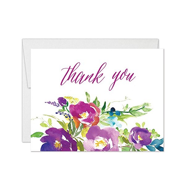 Pretty Floral Blooms Girls Thank You Cards with Envelopes ( Pack of 25 ) Purple Flowers Daughter Child Birthday Anniversary Notecards Thanks Baby Bridal Shower Thank You Excellent Value VT0089B