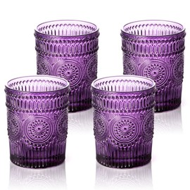 4 Pack Romantic Water Glasses-10.5 OZ Purple Vintage Drinking Glasses Tumblers for Whisky, Beer, Juice, Beverages, Cocktail