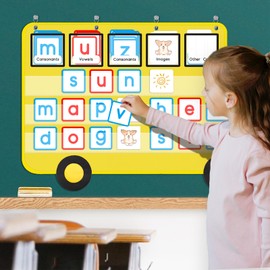 Pocket Chart for Classroom, 33 ⅞ " x 22" Large School Bus Shaped Pocket Charts for Kids, Back to School Supplies, Classroom Decor Hanging Pocket Charts with 8 Sentence Strips Holder (Yellow)