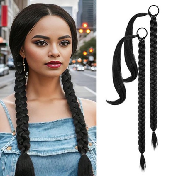 YOSILADY Long Braid Ponytail Extension with Elastic Tie 2Pcs Black
