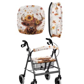 LedBack Fall Walker Accessories for Seniors Funny Highland Cow Walker Seat Cover Sunflower Rollator Seat Cushion Fall Decorations Rollator Seat and Back Rest Covers