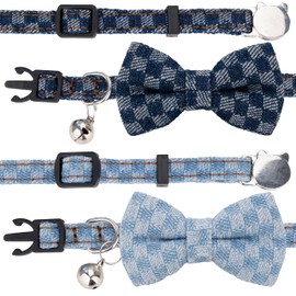 Gyapet Cat Collar Breakaway Bowtie Safety with Bell Adjustbale Kitten Puppy Solid Plaid Color Set O-[2pcs] Denim