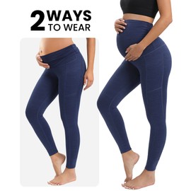 IUGA Maternity Leggings Over The Belly Buttery Soft Maternity Yoga Pants with Pockets Pregnancy Leggings for Women Activewear Navy