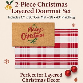 Christmas Door Mat Combo Set - 100% Coco Coir Welcome Mat + 28 x 43 Inch Red and White Diagonal Plaid Rug, New Year Holiday Christmas Collection Doormat for Front Porch Entryway Decorative
