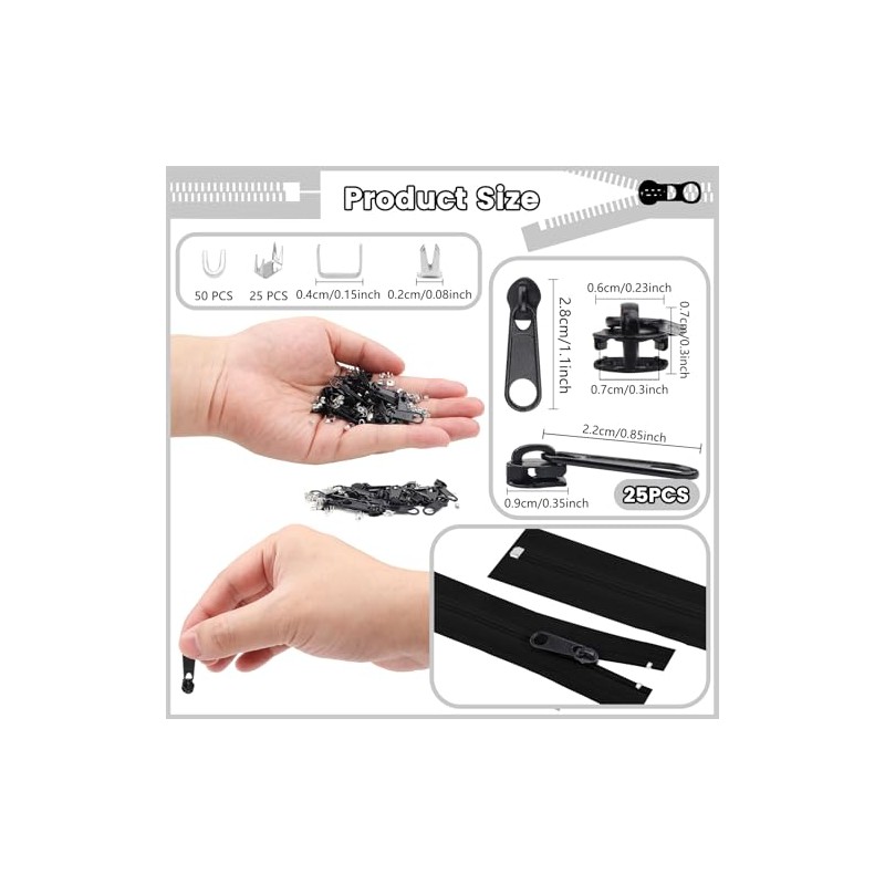 25Pcs Black Zipper Repair Kit Zippers Replacement 3# Zipper Pull