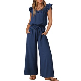 Dokotoo Jumpsuits for Women 2025 Summer Ruffle Sleeves Square Neck Rompers Drawstring Wide Leg Casual Overalls with Pockets for Weddings,Navy Small