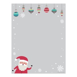 Jolly Santa Holiday Letterhead / 50 Sheets 8.5" x 11" Santa And Ornaments Design/Modern Gray Paper/Charming Christmas Letterhead