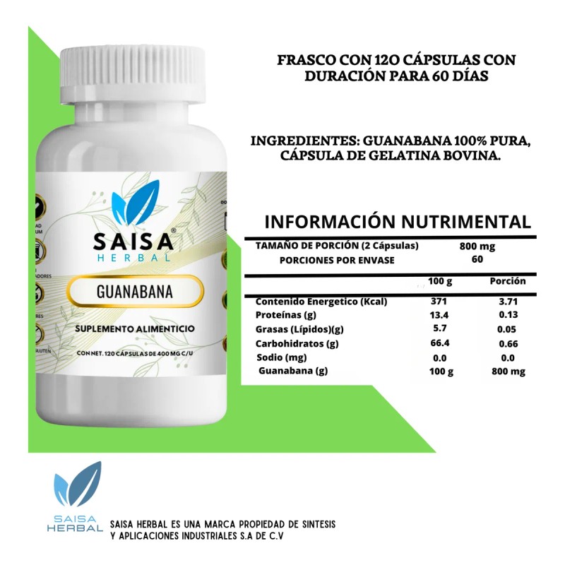Guanabana 100% Pura Con 120 Cápsulas Saisa Herbal