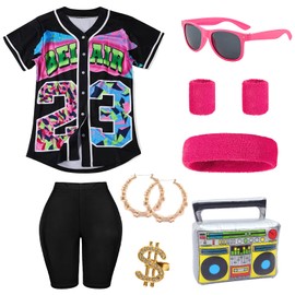 80s 90s Outfit for Women Hip Hop Costume Set Baseball Jersey T Shirt Yoga Pants Rapper Accessories Cosplay Party Black