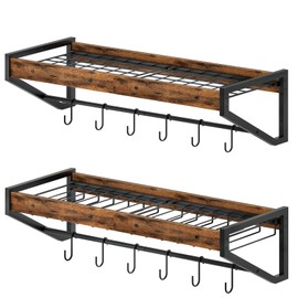 CHOEZON Wall-Mounted Pot Lid Racks Set of 2, with Pot Rack and Lid Organizer, Kitchen Cookware Organizer with 12 S-Shaped Hooks, for Pot, Pan and Lid Storage, Rustic Brown and Black TPR36BF