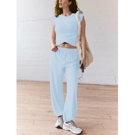 Outfeel Women 2 Piece Outfit Set Longewear Crossover Cropped Tops and High Rise Joggers Sweatpants Sweatsuit with Pockets Blue XL