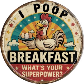 MiniTPoLin Chicken Breakfast Superpower Metal Sign 8x8in Round Humorous Plaque for Kitchen Bathroom Wall Decor Funny Farmhouse Gag Gift