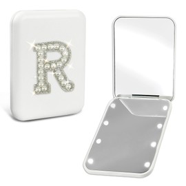 Aganmi Teacher Gifts LED Mini Travel Makeup Mirror Initial 1X/2X Magnification 2-Sided Compact Mirror with Lights for Purses Birthday Gift Teacher Appreciation Gifts for Women Teen Girls White R