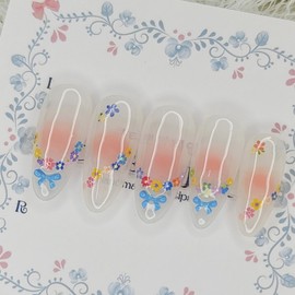 Blue Ribbon Garden Handmade Nail Tips - Square L / 블루 리본 가든 수제네일팁 - 스퀘어L