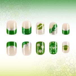 Sparkly Green Press on Nails St. Patrick's Day Fake Nails with Shamrock Designs Gel Glue on Nails Sparkly Green Glitter French Tips Nails Short Square Glossy False Nails for Women Girls 24 Pcs