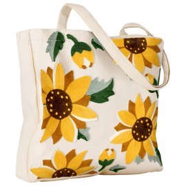 Miss Adola Aesthetic Embroidery Tote Bag for Women - Reusable Canvas Cloth Shoulder Bag with Cute 3d Sunflowerl Embroidered Designer Shopping Bag for Grocery, Work, Book, Vacation