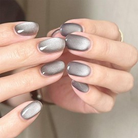 FINGOOO Nail Tips, Magnetic Type, 24 Pieces Included, Double Sided Tape, False Nails, Round Tip, Gel Nails, Glitter, Simple, Cute, Spring, Summer, Autumn and Winter (Gray A, Short, Medium, Hands)