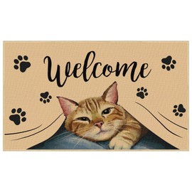 Welcome Cat Door Mat, Cat Footprint Non Slip Entrance Floor Mat, Family Cat Decoration Indoor and Outdoor Entrance Mat 29 x 17 Inch Rubber Kitchen Doormat for Indoor Outdoor Holiday Decoration