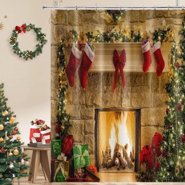 BIVINAR Christmas Fireplace Shower Curtain, Christmas Tree with Gifts Warm Fireplace Theme Fabric Bathroom Shower Curtain, 72 x 72 Inch