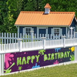 9.8 * 1.6ft Slime Green Happy Birthday Banner,Slime Theme Party Backdrop,Colorful Fiesta Fluid Graffiti Painting Funny It's Slime Time Artistic Lovely Party Decorations.