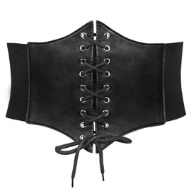 JASGOOD Women’s Elastic Costume Waist Belt Lace-up Tied Waspie Corset Belts for Women, Black,Fits Waist 47-52 Inches