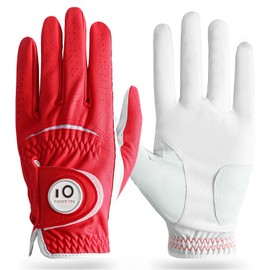 FINGER TEN Golf Gloves Men Left Hand Leather with Ball Marker All Weather Value Pack, Mens Golf Glove Wear Resistant Stable-Grip Weathersof (Red,XL-Worn on Left Hand)