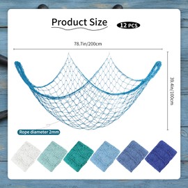 12PCS Fish Net Decorations, Natural Cotton Hawaiian Party Fishing Net Decorative, Nautical Themed Cotton Fishnet Party Decor, Fishnet Fabric Wall Hanging Fishnet for Ocean Theme Party(6 Color)