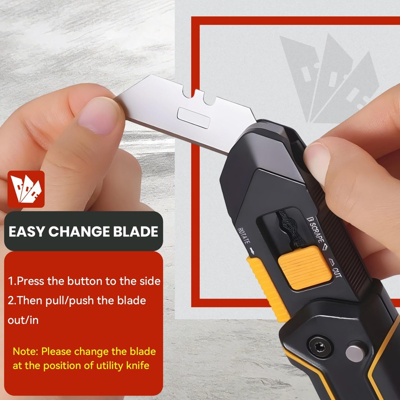 PINOZE Folding Utility Knife Scraper, 3-in-1 Box Cutter with Lanyard