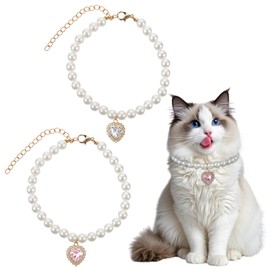 2 Pcs Cat Dog Pearl Collar, Cat Collars with Heart Rhinestone Pearl Necklaces Adjustable Pet Necklace Collar with Bling Accessories for Puppy Small Cats Dress Accessories(White, Pink)